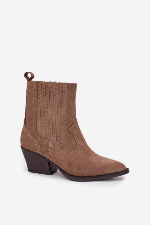 Botas femininas de estilo cowboy de camurça com saltos, aquecidas, na cor chaki Dylira