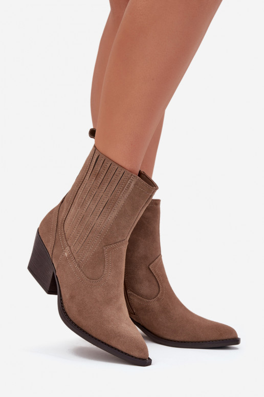 Botas femininas de estilo cowboy de camurça com saltos, aquecidas, na cor chaki Dylira