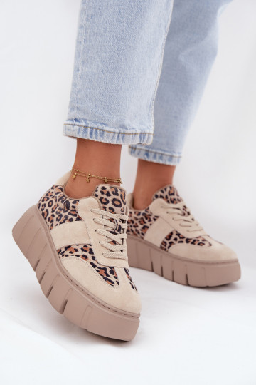 Tênis femininos aquecidos em camurça areia com plataforma e detalhes de estampa de leopardo Vinceza 66841