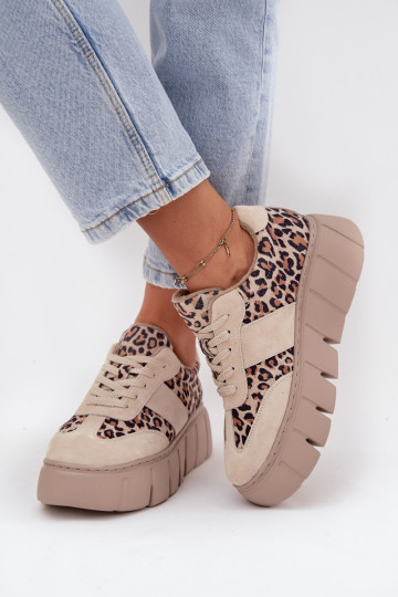 de camurça aquecimento À modalo de tênis Feminino com uma plataforma Vinceza 66841 com padrões de pele de leopardo bege 2