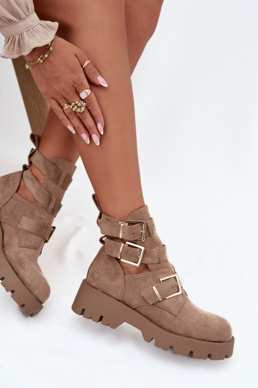 Botas femininas com listras I cor douradami com fivelasmi bege Helisse Botas femininas com listras I cor douradami com fivelasmi bege Helisse