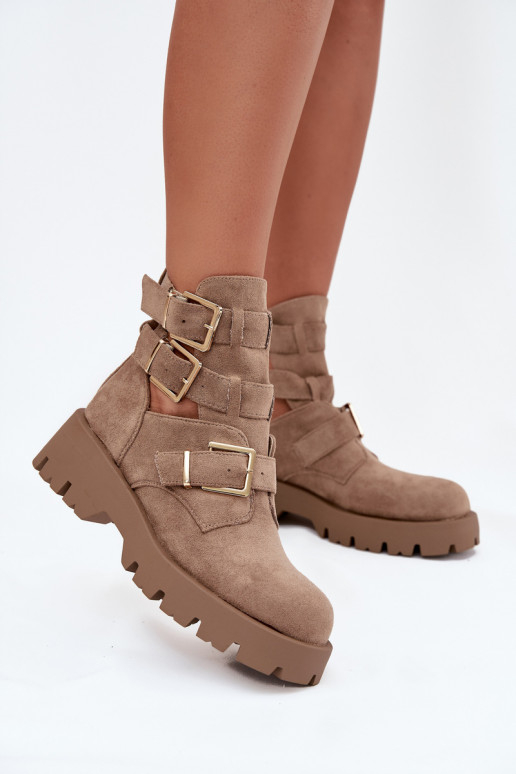 Botas femininas com listras I cor douradami com fivelasmi bege Helisse Botas femininas com listras I cor douradami com fivelasmi bege Helisse