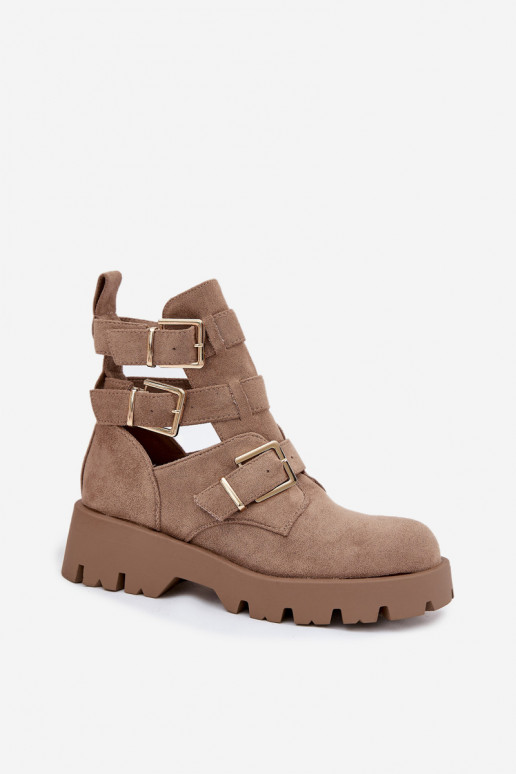 Botas femininas com listras I cor douradami com fivelasmi bege Helisse Botas femininas com listras I cor douradami com fivelasmi bege Helisse