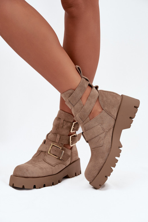 Botas femininas com listras I cor douradami com fivelasmi bege Helisse Botas femininas com listras I cor douradami com fivelasmi bege Helisse