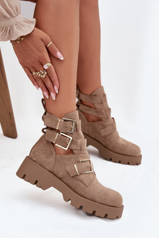 Botas femininas com listras I cor douradami com fivelasmi bege Helisse Botas femininas com listras I cor douradami com fivelasmi bege Helisse