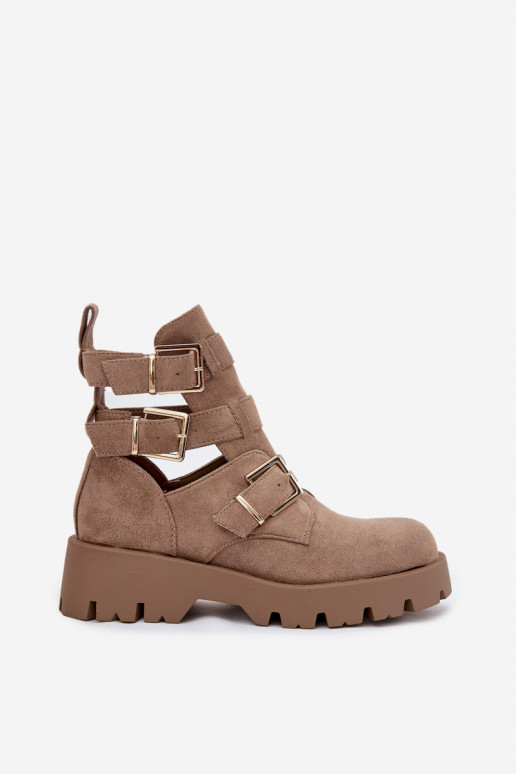 Botas femininas com listras I cor douradami com fivelasmi bege Helisse Botas femininas com listras I cor douradami com fivelasmi bege Helisse