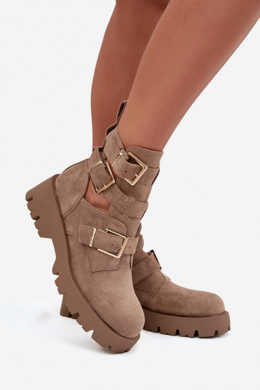 Botas femininas com listras I cor douradami com fivelasmi bege Helisse Botas femininas com listras I cor douradami com fivelasmi bege Helisse