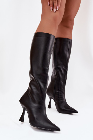 Botas de cano alto pretas femininas com saltos finos até o joelho Vionette 2