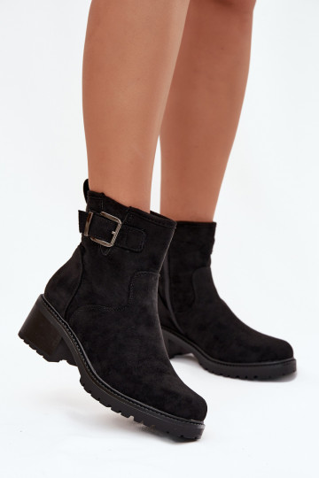 Botins femininos pretos quentes com salto baixo e fivelas Helvina 2