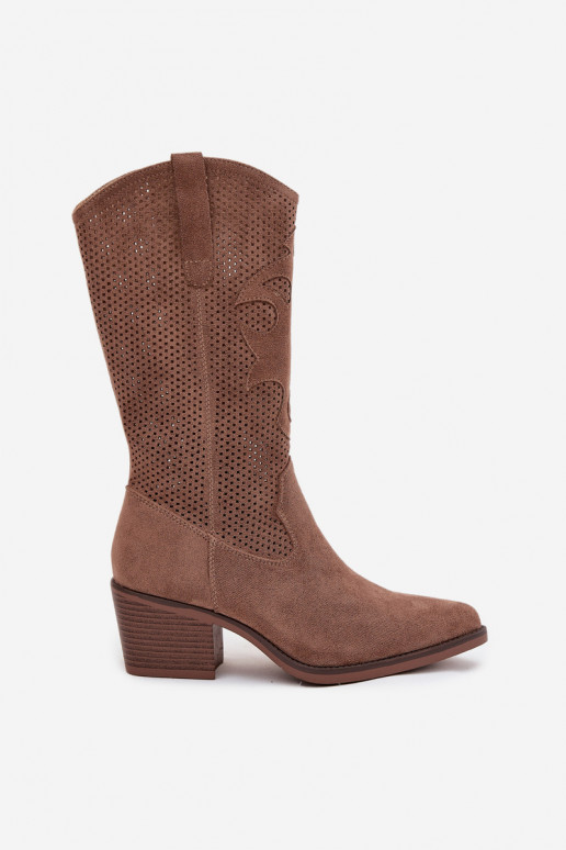 com elementos abertos botas estilo vaqueiro Feminino com salto bege Olivette