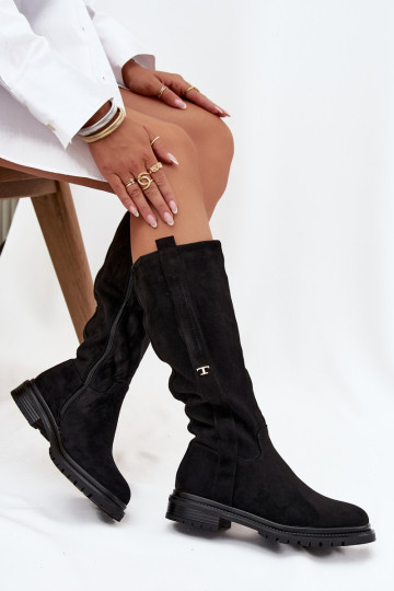 Botas quentes Habilitado płaskim Obcasie de camurça ecológicaoParae cor preta Delyssa