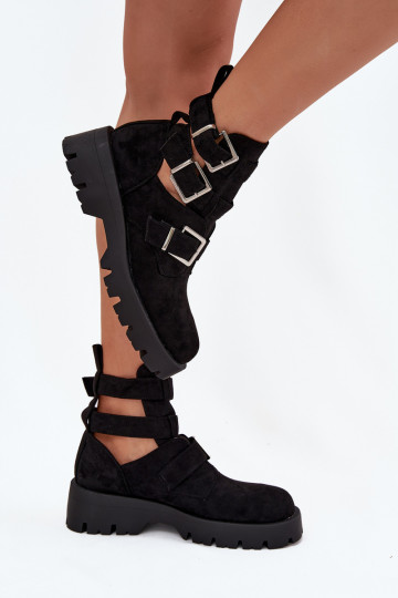 Botas curtas femininas com tiras e fivelas prateadas na cor preta "Helisse"