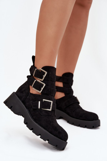 Botas curtas femininas com tiras e fivelas prateadas na cor preta "Helisse" 2