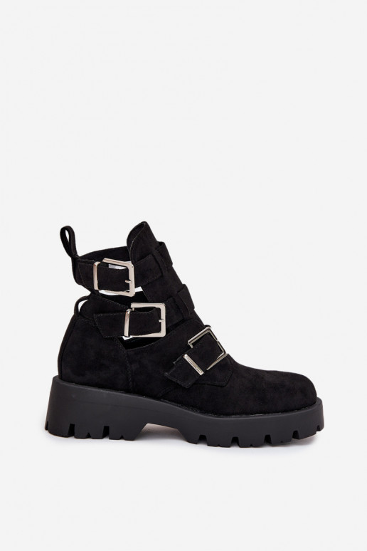 Botas femininas com listras I cor pratami com fivelasmi cor preta Helisse Botas femininas com listras I cor pratami com fivelasmi cor preta Helisse