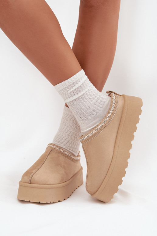 Botas femininas de neve Ijungtarirya em cor marfim de cano baixo com plataforma e pelo