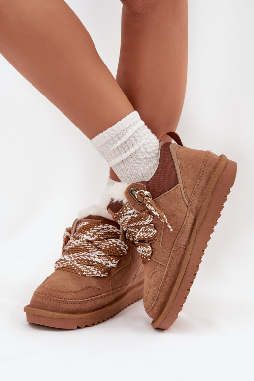 de camurça Botas de neve Feminino com um casaco de pele I Grubym Amarrandom Vinceza 97963 cor marrom