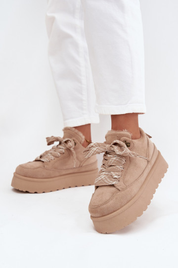 com atacadores Botas de neve Feminino com uma plataforma aquecimento com pelo por dentro bege Tavelle 2