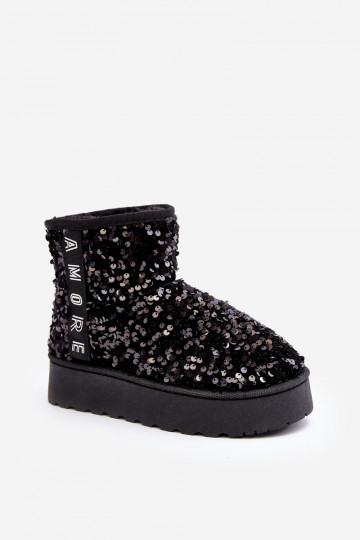 Botas de neve femininos plataforma pretas com decoração de lantejoulas "Silmo"