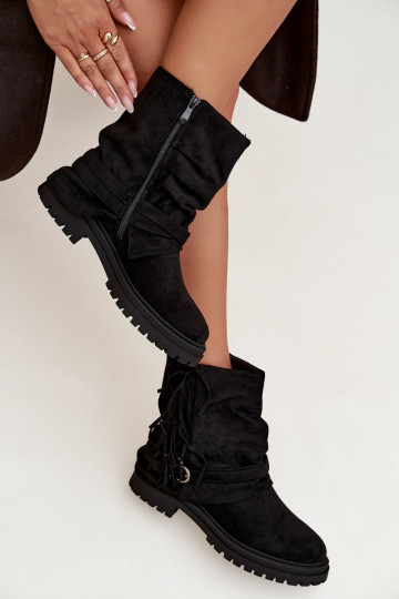 aquecimento Botas femininas com franjas I Klarami com salto largo cor preta Helianne