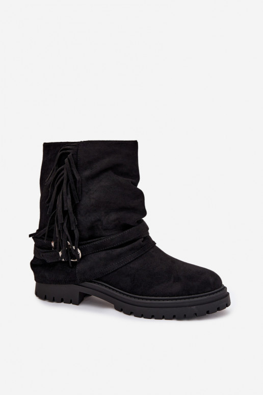 aquecimento Botas femininas com franjas I Klarami com salto largo cor preta Helianne aquecimento Botas femininas com franjas I Klarami com salto largo cor preta Helianne