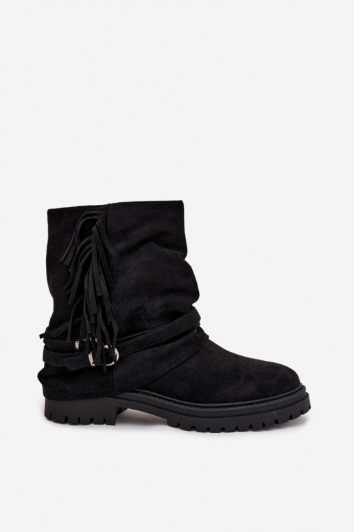 aquecimento Botas femininas com franjas I Klarami com salto largo cor preta Helianne aquecimento Botas femininas com franjas I Klarami com salto largo cor preta Helianne