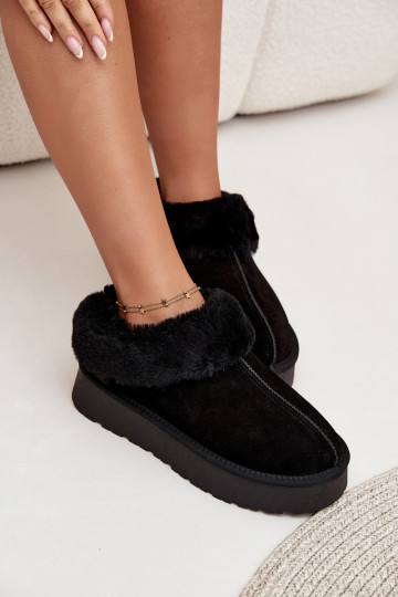 Botas femininas de neve de couro camurça com pelagem pretas Mivelle