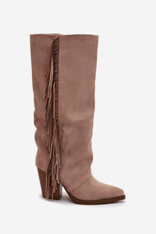 Botas femininas de cano longo estilo cowboy com franjas e saltos na cor bege Tivara Botas femininas de cano longo estilo cowboy com franjas e saltos na cor bege Tivara