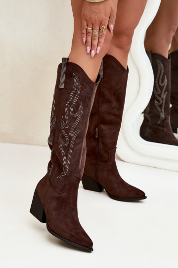 botas estilo vaqueiro Feminino Com decoração com salto CzekoladoParae Jovina