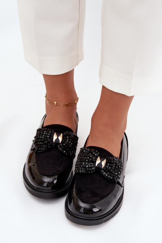 Mocassins envernizados femininos com laços S.Barski HY51-319 cor preta