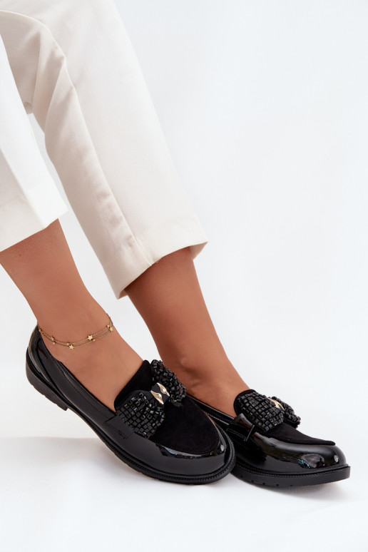 Mocassins envernizados femininos com laços S.Barski HY51-319 cor preta