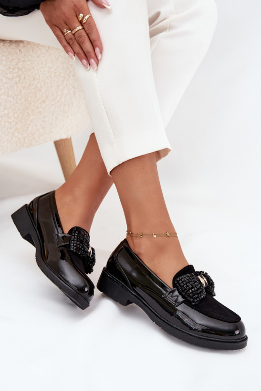 Mocassins envernizados femininos com laços S.Barski HY51-319 cor preta