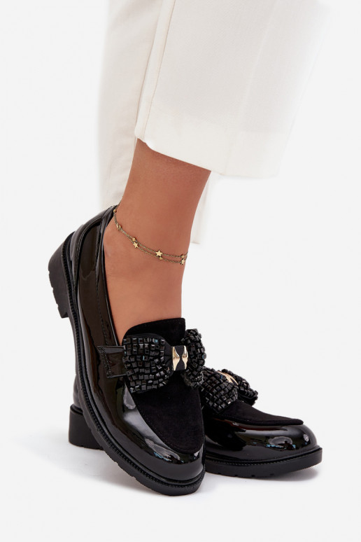 Mocassins envernizados femininos com laços S.Barski HY51-319 cor preta