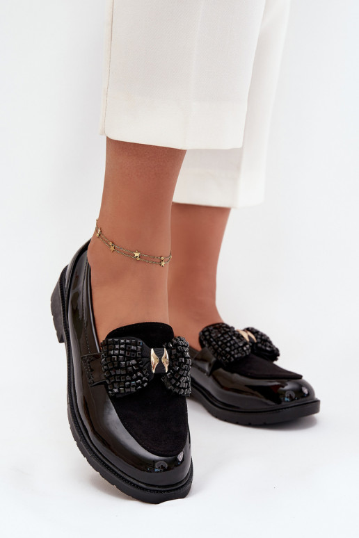 Mocassins envernizados femininos com laços S.Barski HY51-319 cor preta