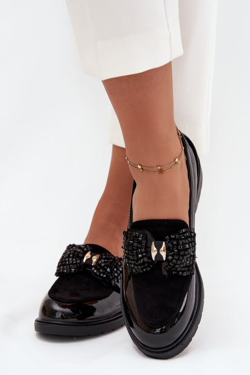 Mocassins envernizados femininos com laços S.Barski HY51-319 cor preta