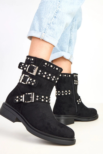 Botins pretos com zircônios de salto baixo Brosca