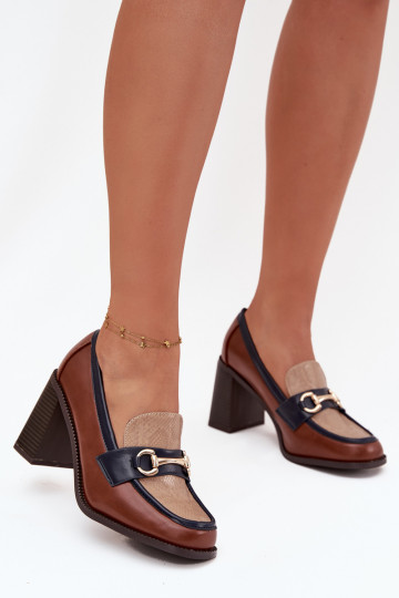 Sapatos de salto alto femininos com estampado e detalhes dourados, cor areia-marrom, Novella