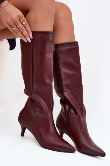 botas femininas Habilitado Baixoj Szpilce aquecimento de couro ecológico Borgonha Tem que serrcellia