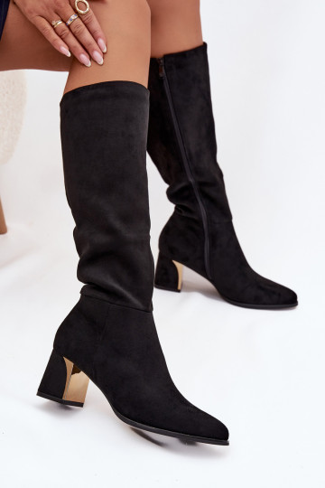 botas femininas com salto Ze cor douradam Elemento cor preta Nivarae