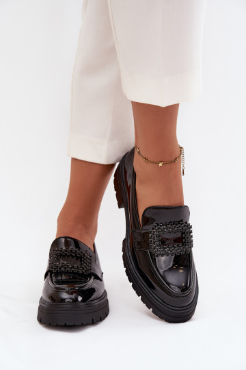 com efeito verniz sapato mocassins femininos decorar com fivelas cor preta Luvianne