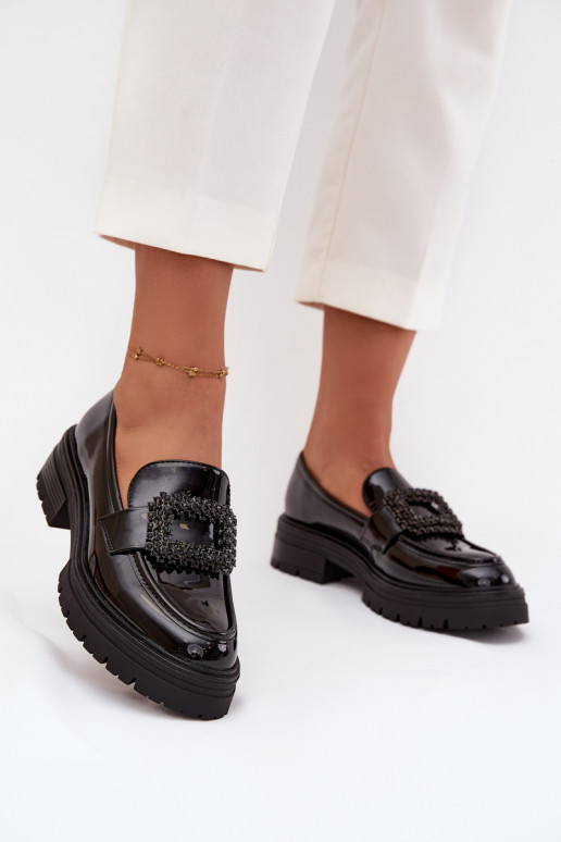 com efeito verniz sapato mocassins femininos decorar com fivelas cor preta Luvianne com efeito verniz sapato mocassins femininos decorar com fivelas cor preta Luvianne