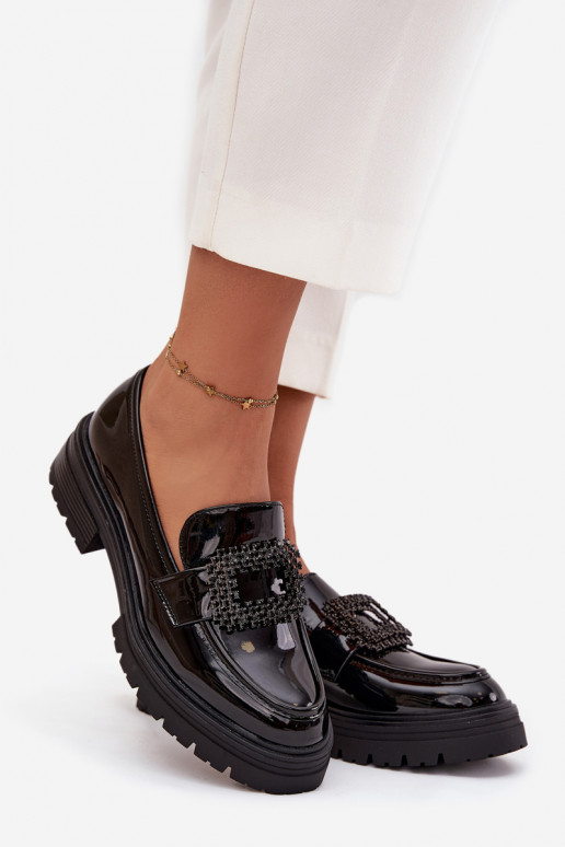 com efeito verniz sapato mocassins femininos decorar com fivelas cor preta Luvianne com efeito verniz sapato mocassins femininos decorar com fivelas cor preta Luvianne