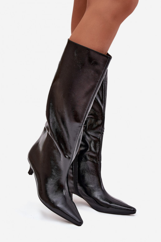 com efeito verniz botas femininas De salto baixo cor preta Mireva com efeito verniz botas femininas De salto baixo cor preta Mireva