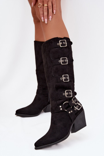 botas estilo vaqueiro com salto com fivelas cor preta Fivelle 2