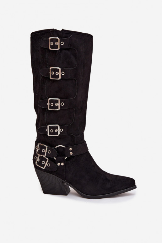 botas estilo vaqueiro com salto com fivelas cor preta Fivelle botas estilo vaqueiro com salto com fivelas cor preta Fivelle