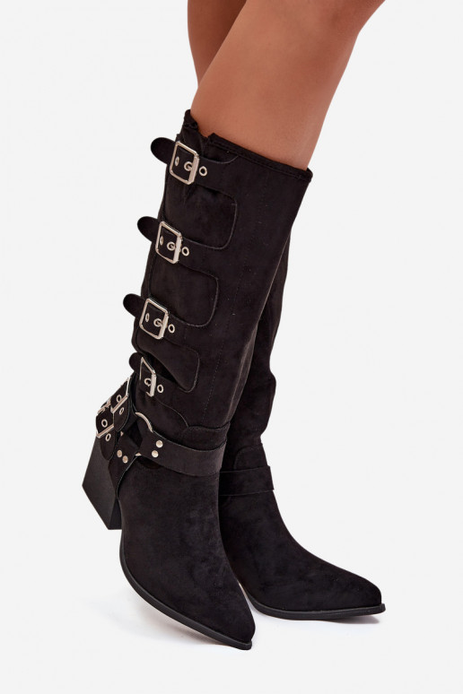 botas estilo vaqueiro com salto com fivelas cor preta Fivelle botas estilo vaqueiro com salto com fivelas cor preta Fivelle