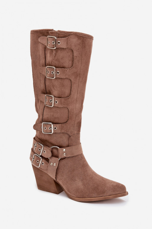 botas estilo vaqueiro com salto com fivelas bege Fivelle botas estilo vaqueiro com salto com fivelas bege Fivelle