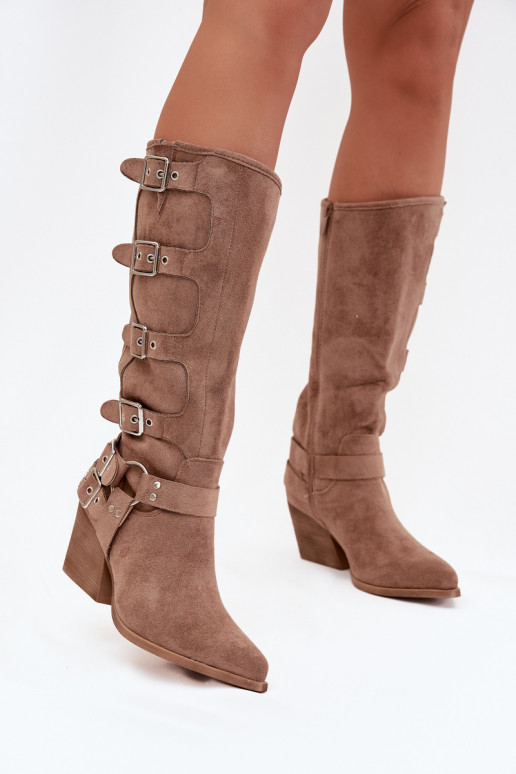 botas estilo vaqueiro com salto com fivelas bege Fivelle botas estilo vaqueiro com salto com fivelas bege Fivelle