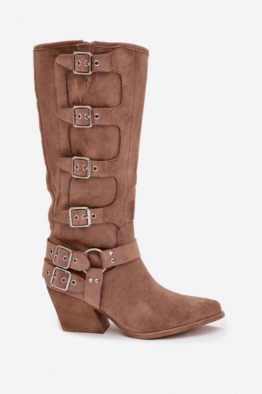 botas estilo vaqueiro com salto com fivelas bege Fivelle botas estilo vaqueiro com salto com fivelas bege Fivelle