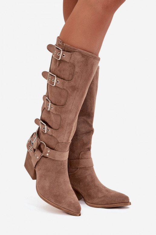 botas estilo vaqueiro com salto com fivelas bege Fivelle botas estilo vaqueiro com salto com fivelas bege Fivelle
