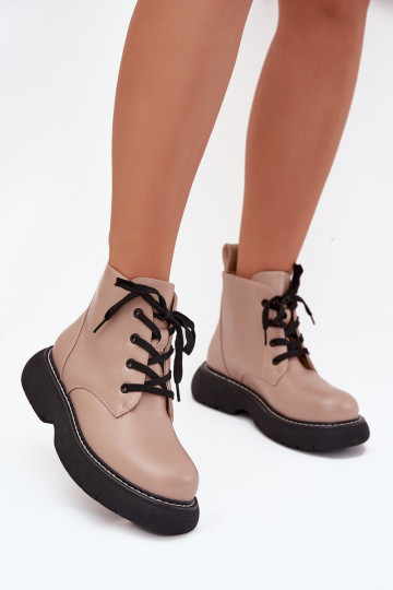 Botins femininos aquecidos com plataforma e cadarços, cor areia, Harmine